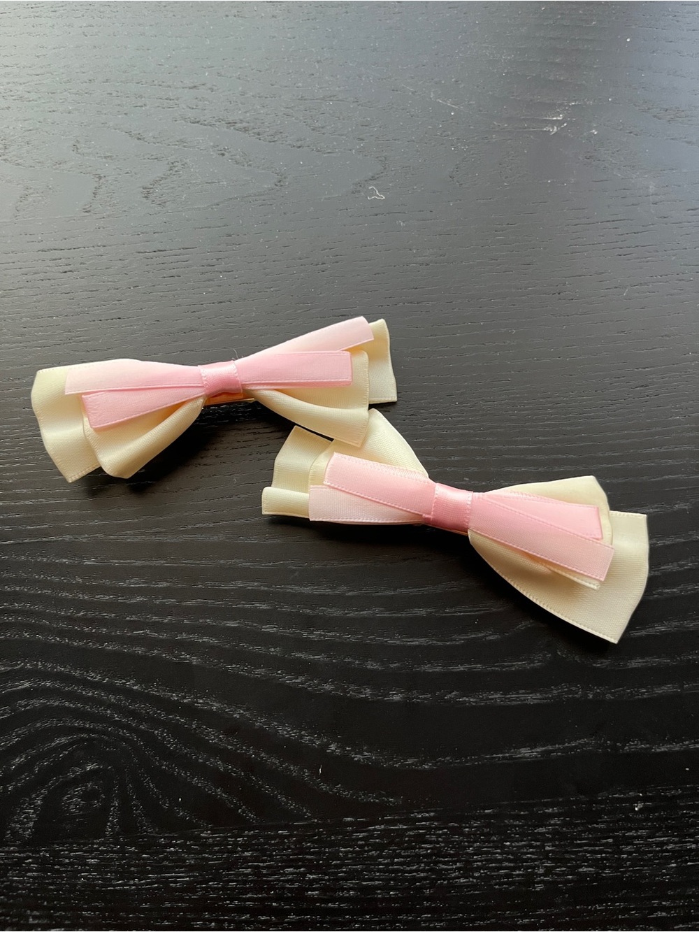 Cream & Pink Satin Ribbon Layered Bow Hair Clips Alligator Clip Set
